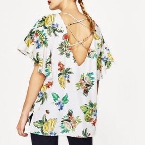 Zara Tropical Print Ruffles Oversized Top M